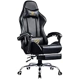 LUCKRACER Gaming Stuhl Massage mit Fußstütze Bürostuhl Massage Lendenkissen Drehstuhl Racing Armlehne PU Leder hohe Rückenlehne (schwarz)