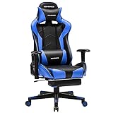 SONGMICS Gaming Stuhl, Bürostuhl, ergonomischer Schreibtischstuhl, ausziehbare Fußstütze, verstellbare Armlehnen, 90°-135° Neigungswinkel, bis 150 kg belastbar, schwarz-blau RCG016B02