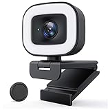 1080P Webcam mit Stereo Mikrofon, 60f/s Live-Streaming Webcam mit Ringlicht, Webkamera mit 3-stufige einstellbare Helligkeit, USB Kamera für PC/Videochat-Aufnahme/Mac/Laptop/Zoom/Skype, Schwarz