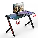 Gaming Tisch mit LED 120cm, Groß Gaming Schreibtisch for PC Ergonomischer Gamer Tisch, Schwarz Computertisch mit Getränkehalter,Kopfhörer-Haken