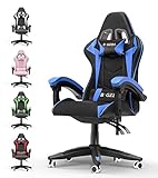 bigzzia Gaming Stuhl Ergonomisch - Gamer Stühle mit Lendenkissen + Kopfstütze Gaming Chair Höhenverstellbar Bürostuhl Computerstuhl für Erwachsene Mädchen Junge (Blue)