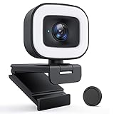 1080P HD Streaming Webcam mit Ringlicht, 60f/s PC Kamera mit Objektivdeckel/Autofokus/Stereo Mikrofon für Computers, Video Chat und Aufnahme unter Skype/Zoom/YouTube/Facebook, Schwarz